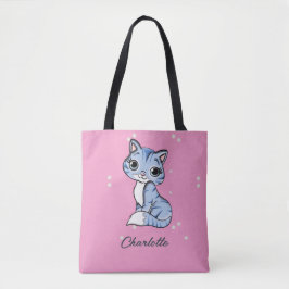 Schattigee blauwe kat op roze aangepaste naam tote bag