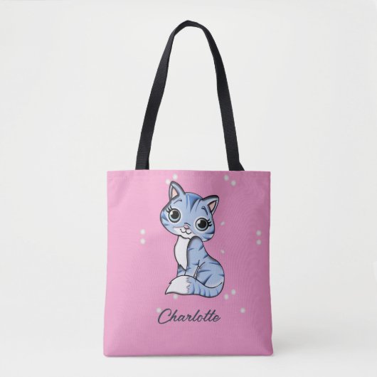 Schattigee blauwe kat op roze aangepaste naam tote bag (Voorkant)