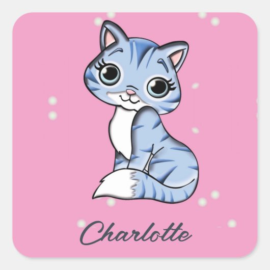 Schattigee blauwe kat op roze aangepaste naam vierkante sticker (Voorkant)