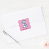 Schattigee blauwe kat op roze aangepaste naam vierkante sticker (Envelop)