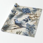 Schattigee Blauwe Kerstvogel, Bessen, Bloemen Cadeaupapier (Uitgerold)