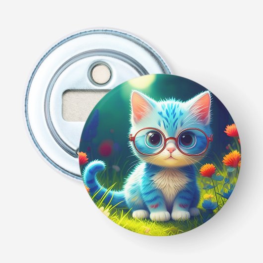 Schattigee blauwe kitten met bril - 276548 button flesopener (Voorkant)