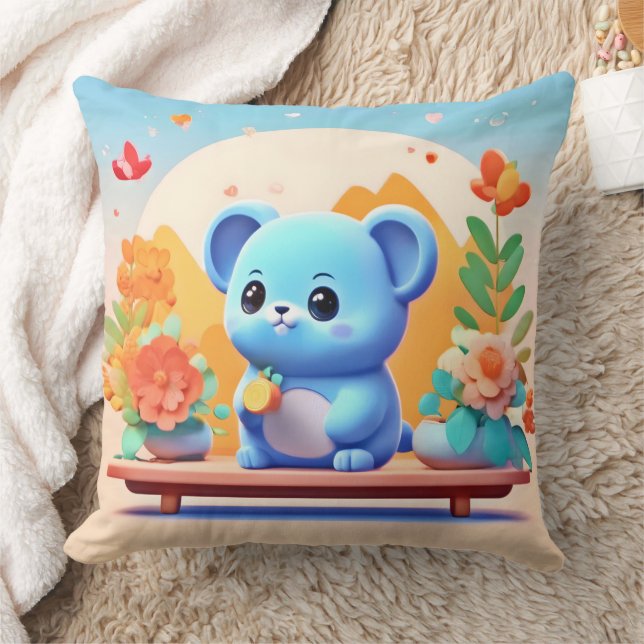 Schattigee blauwe muis met bloemen kussen (Deken)