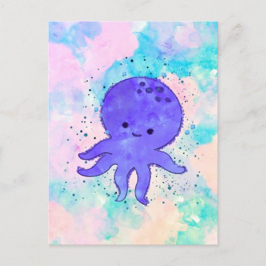 Schattigee Blauwe Octopus Cartoon Waterverf Briefkaart (Voorkant)