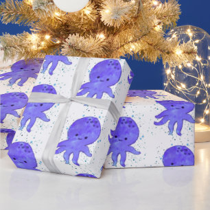 Schattigee Blauwe Octopus Cartoon Waterverf Cadeaupapier