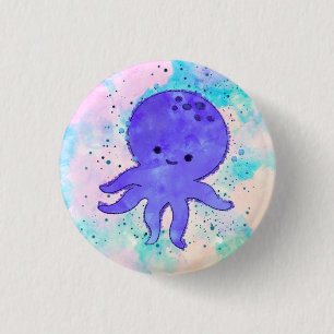 Schattigee Blauwe Octopus Cartoon Waterverf Ronde Button 3,2 Cm