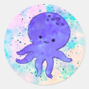 Schattigee Blauwe Octopus Cartoon Waterverf Ronde Sticker