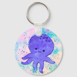Schattigee Blauwe Octopus Cartoon Waterverf Sleutelhanger
