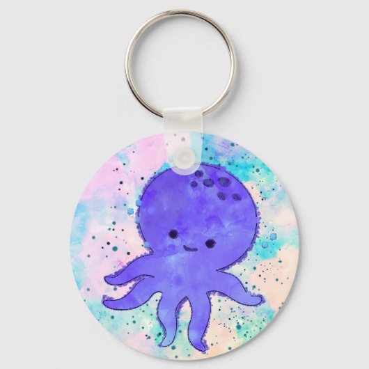 Schattigee Blauwe Octopus Cartoon Waterverf Sleutelhanger (Voorkant)