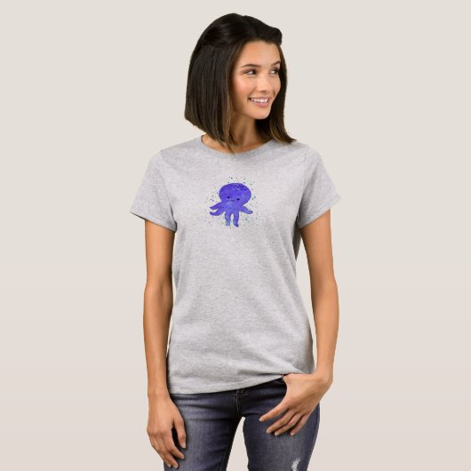 Schattigee Blauwe Octopus Cartoon Waterverf T-shirt (Voorkant volledig)