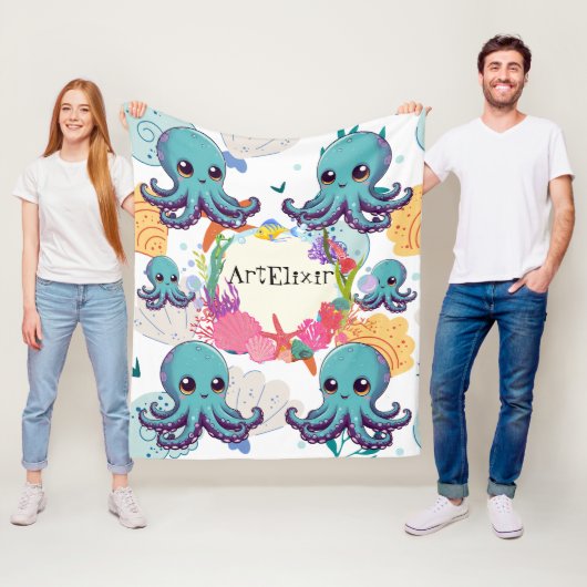 Schattigee Blauwe Octopus Print Fleece Deken (In situ)
