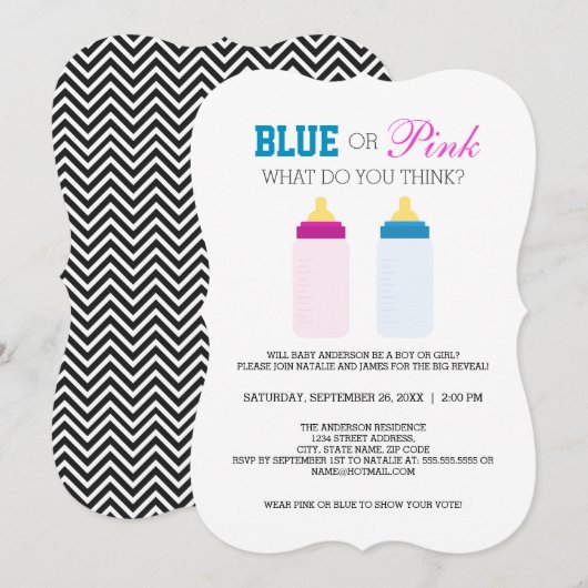 Schattigee Blauwe of Roze Baby Fles Gender Reveal  Kaart (Voorkant / Achterkant)