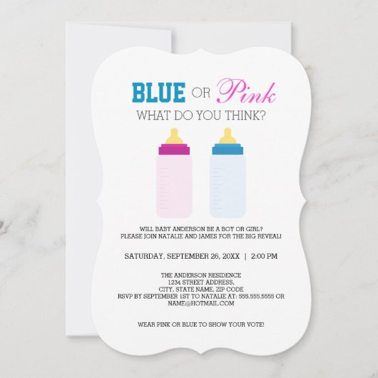 Schattigee Blauwe of Roze Baby Fles Gender Reveal  Kaart (Voorkant)