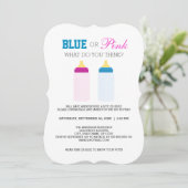 Schattigee Blauwe of Roze Baby Fles Gender Reveal  Kaart (Staand voorkant)