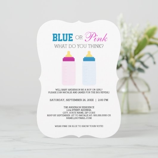 Schattigee Blauwe of Roze Baby Fles Gender Reveal  Kaart (Staand voorkant)