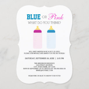 Schattigee Blauwe of Roze Baby Fles Gender Reveal  Kaart