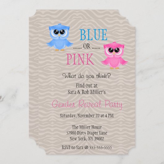 Schattigee Blauwe of Roze Uil Geslacht Onthullen U Kaart (Voorkant / Achterkant)