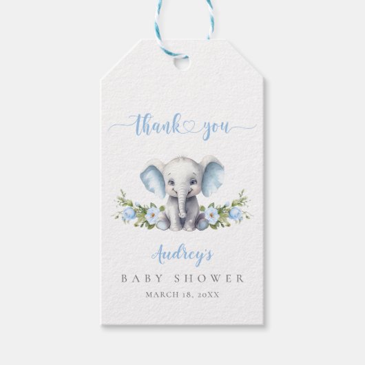 Schattigee Blauwe Olifant Baby Boy Shower Dank u Cadeaulabel (Voorkant)