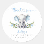 Schattigee Blauwe Olifant Baby Boy Shower Dank u Ronde Sticker (Voorkant)
