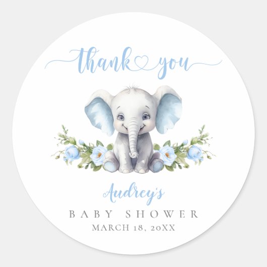 Schattigee Blauwe Olifant Baby Boy Shower Dank u Ronde Sticker (Voorkant)