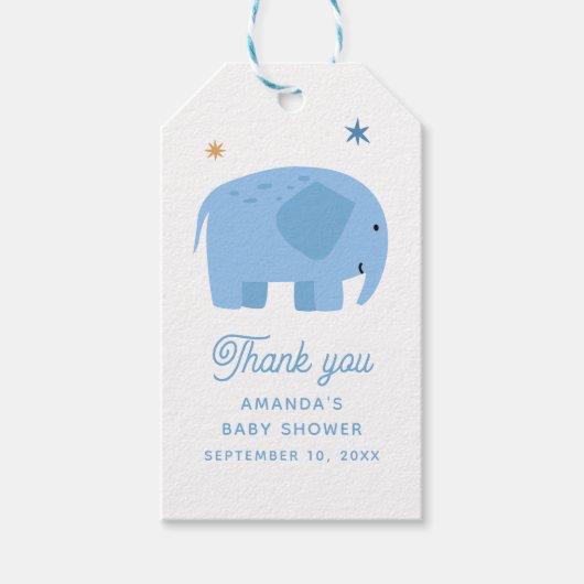 Schattigee blauwe olifant. Boy baby shower dank je Cadeaulabel (Voorkant)
