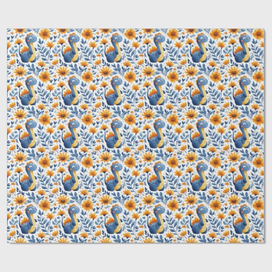 Schattigee Blauwe Oranje Dinosaurus Gele Daisies Cadeaupapier (Vlak)