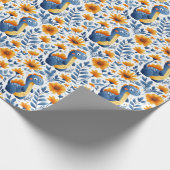 Schattigee Blauwe Oranje Dinosaurus Gele Daisies Cadeaupapier (Hoek)