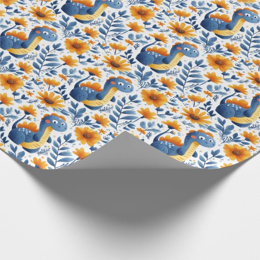 Schattigee Blauwe Oranje Dinosaurus Gele Daisies Cadeaupapier (Hoek)