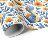 Schattigee Blauwe Oranje Dinosaurus Gele Daisies Cadeaupapier (Rol Hoek)