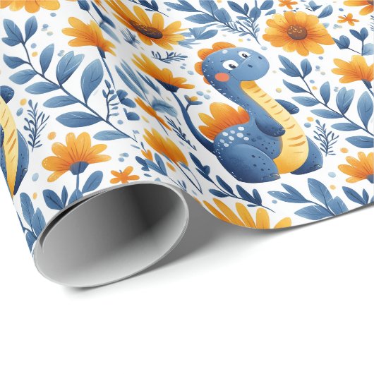 Schattigee Blauwe Oranje Dinosaurus Gele Daisies Cadeaupapier (Rol Hoek)