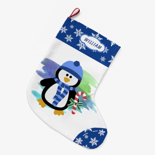 Schattigee Blauwe Pinguïn Candy Cane Grote Kerstsok (Voorkant (Hangend))