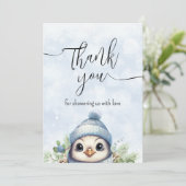 Schattigee Blauwe Pinguïn Wintersneeuw Dank u kaar Bedankkaart (Staand voorkant)