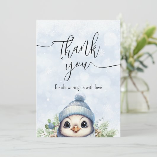 Schattigee Blauwe Pinguïn Wintersneeuw Dank u kaar Bedankkaart (Staand voorkant)