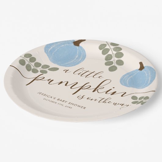 Schattigee Blauwe Pompoen Eucalyptus Herfst Jongen Papieren Bordje (Gekanteld)