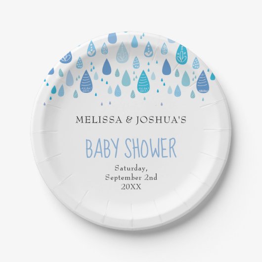 Schattigee Blauwe Regendruppels Koppels Baby showe Papieren Bordje (Voorkant)