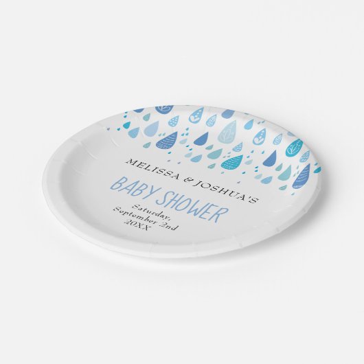 Schattigee Blauwe Regendruppels Koppels Baby showe Papieren Bordje (Gekanteld)