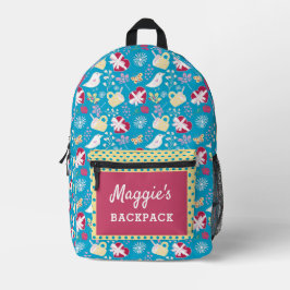 Schattigee Blauwe Retro Harten Vogels Mokken Bedrukte Rugzak