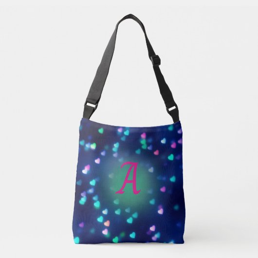 Schattigee Blauwe & Roze Harten op Navy Blue Bokeh Crossbody Tas (Voorkant)