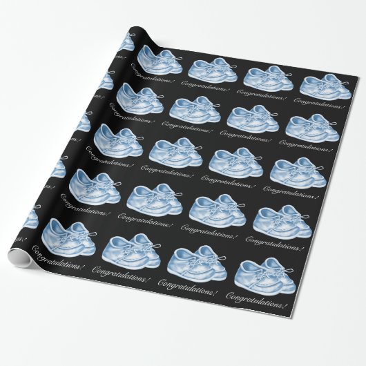 Schattigee Blauwe Schoenen Baby Boy Douche Wrappin Cadeaupapier (Uitgerold)