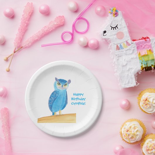 Schattigee Blauwe Uil Gepersonaliseerde papieren B Papieren Bordje (Feest)