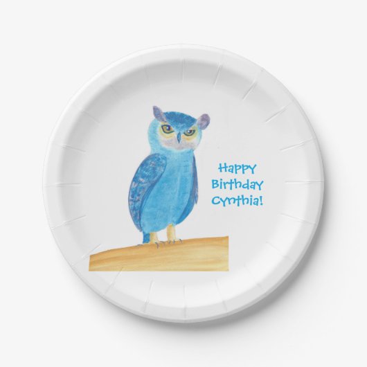 Schattigee Blauwe Uil Gepersonaliseerde papieren B Papieren Bordje (Voorkant)