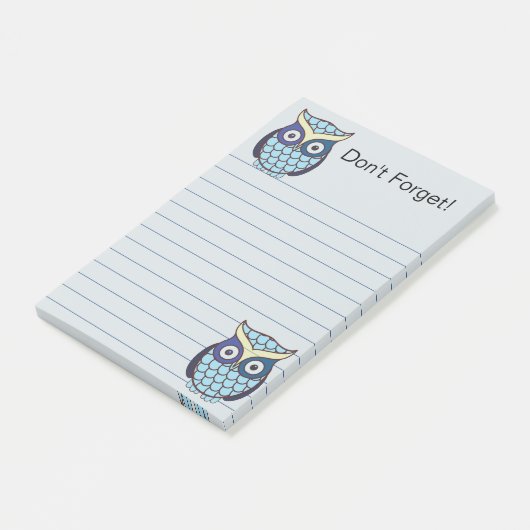 Schattigee blauwe uil gevoerd post-it® notes (Schuin)