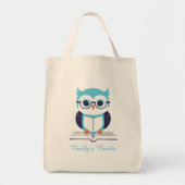 Schattigee blauwe uil met boek gepersonaliseerd bi tote bag (Voorkant)