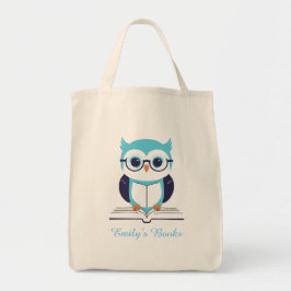 Schattigee blauwe uil met boek gepersonaliseerd bi tote bag