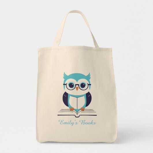 Schattigee blauwe uil met boek gepersonaliseerd bi tote bag (Voorkant)