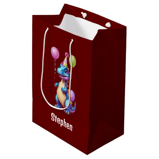 Schattigee blauwe verjaardagsdinosaurus medium cadeauzakje (Voorkant Gekanteld)