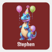 Schattigee blauwe verjaardagsdinosaurus vierkante sticker (Voorkant)