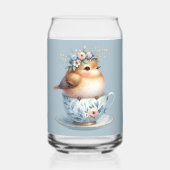Schattigee Blauwe Vogel met Bloemenkroon in Teacup Blikvorm Glas (Voorkant)