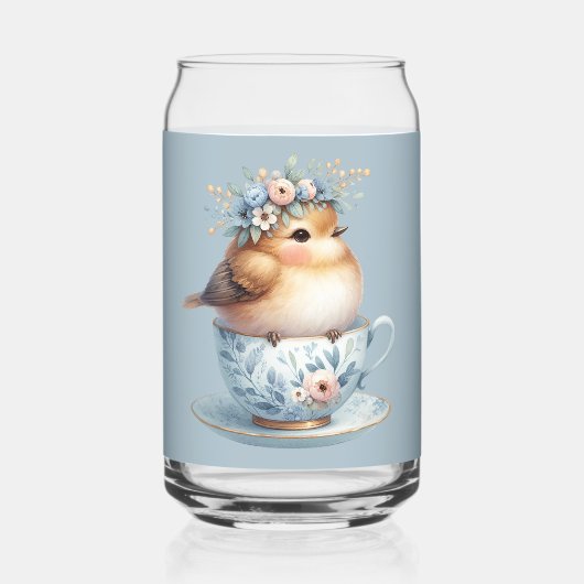 Schattigee Blauwe Vogel met Bloemenkroon in Teacup Blikvorm Glas (Achterkant)