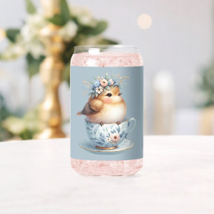 Schattigee Blauwe Vogel met Bloemenkroon in Teacup Blikvorm Glas